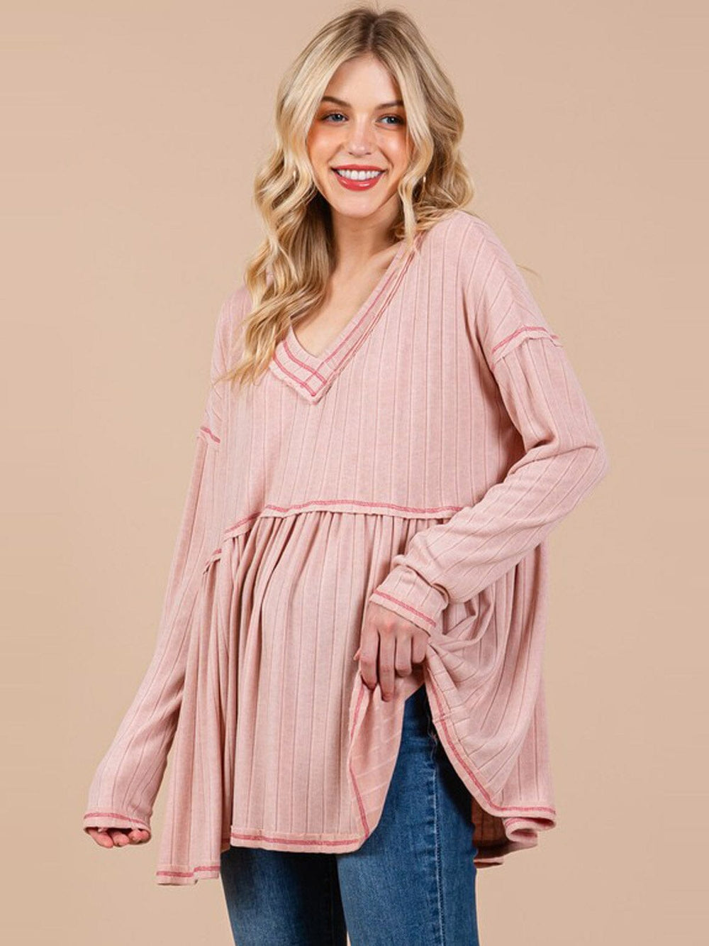 WOMEN'S LONG SLEEVE V-NECK OVERSIZED TOP