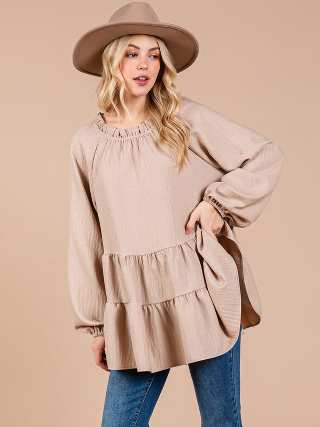 WOMEN'S LONG SLEEVE TIERED TUNIC BLOUSE