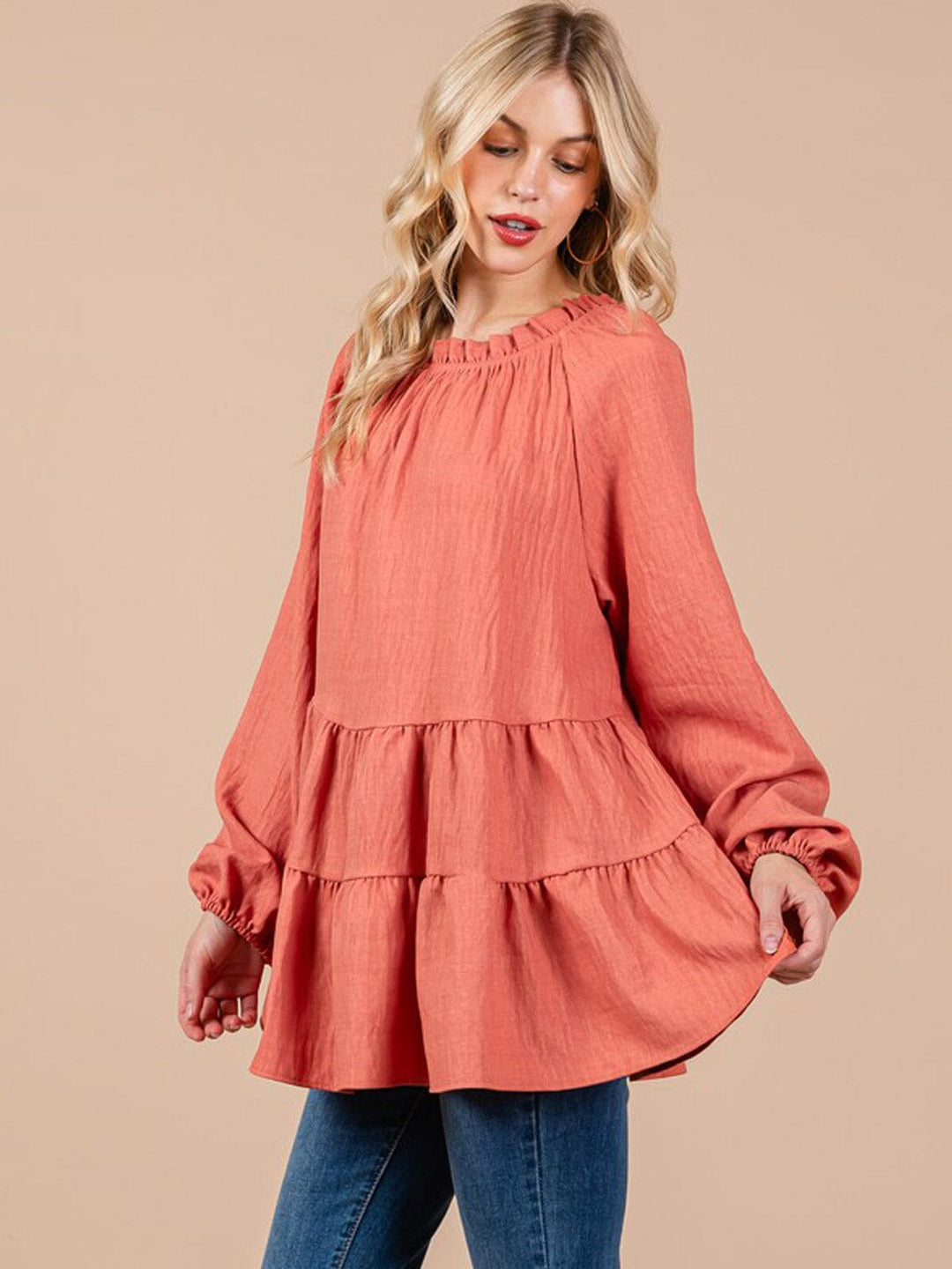 WOMEN'S LONG SLEEVE TIERED TUNIC BLOUSE
