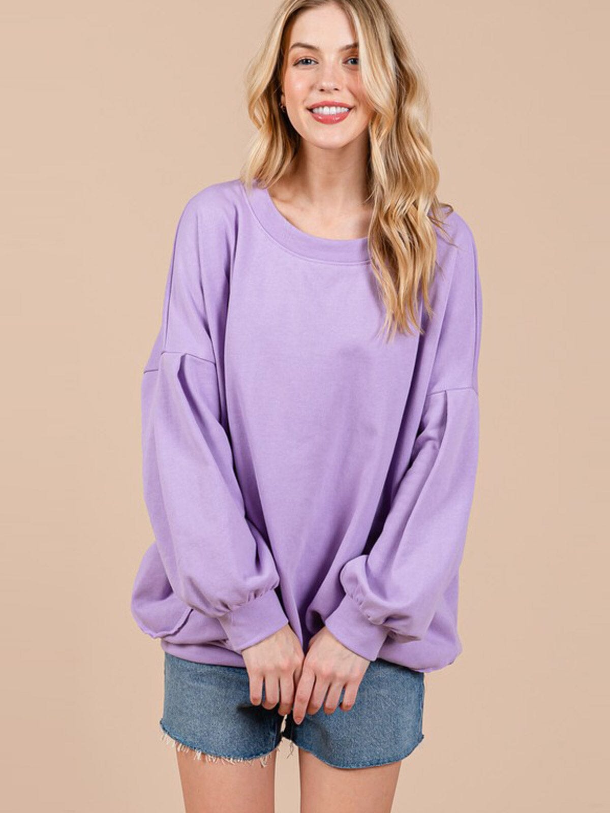 WOMEN'S LONG PUFF SLEEVE SOLID PULLOVER SWEATER