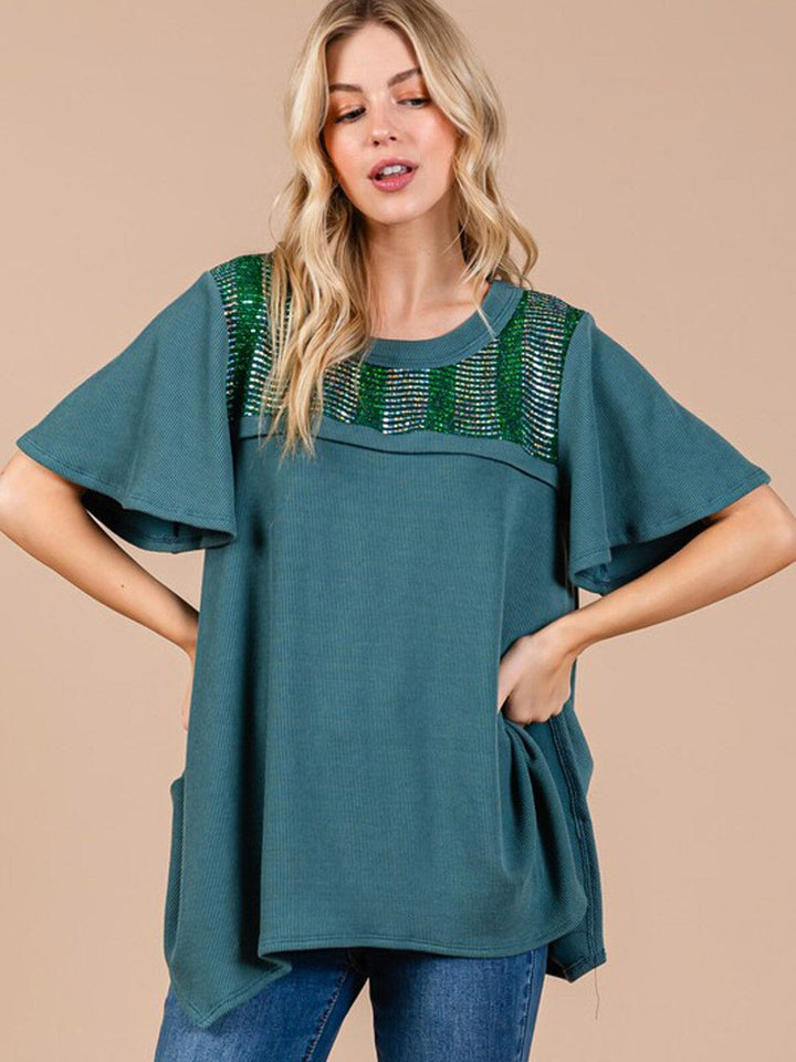 WOMEN'S SHORT SLEEVE LOOSE FIT STUDS DETAILED BLOUSE