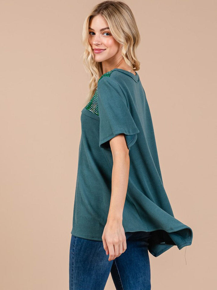 WOMEN'S SHORT SLEEVE LOOSE FIT STUDS DETAILED BLOUSE