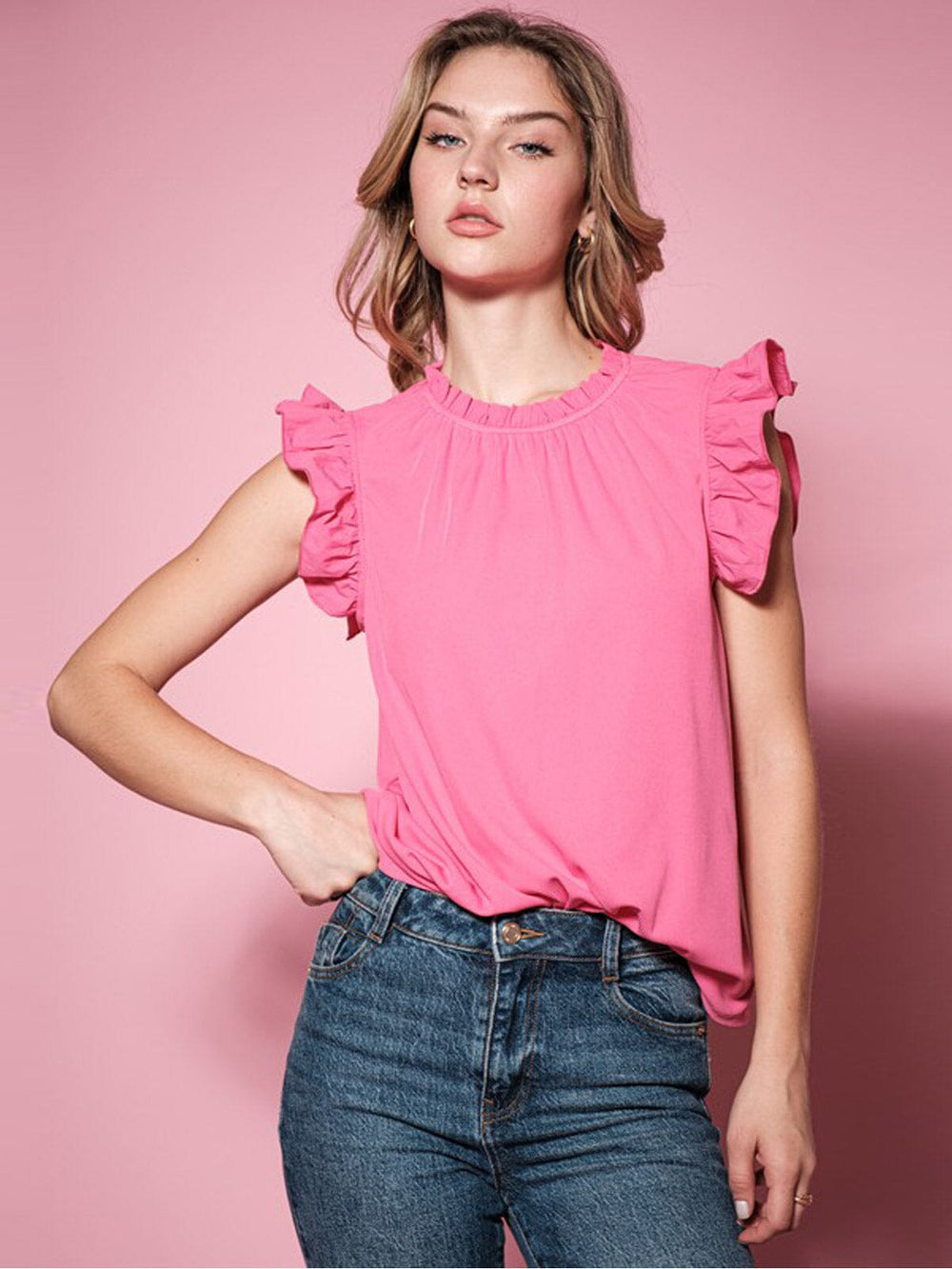 WOMEN'S SHORT RUFFLE SLEEVE RIBBED BLOUSE TOP