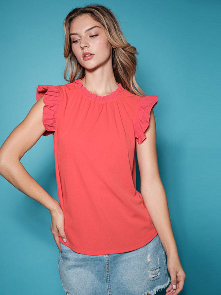 WOMEN'S SHORT RUFFLE SLEEVE RIBBED BLOUSE TOP