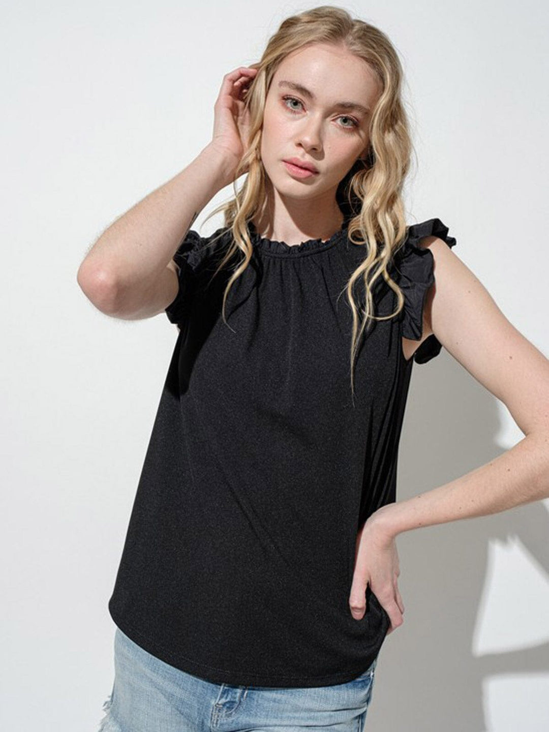 WOMEN'S SHORT RUFFLE SLEEVE RIBBED BLOUSE TOP