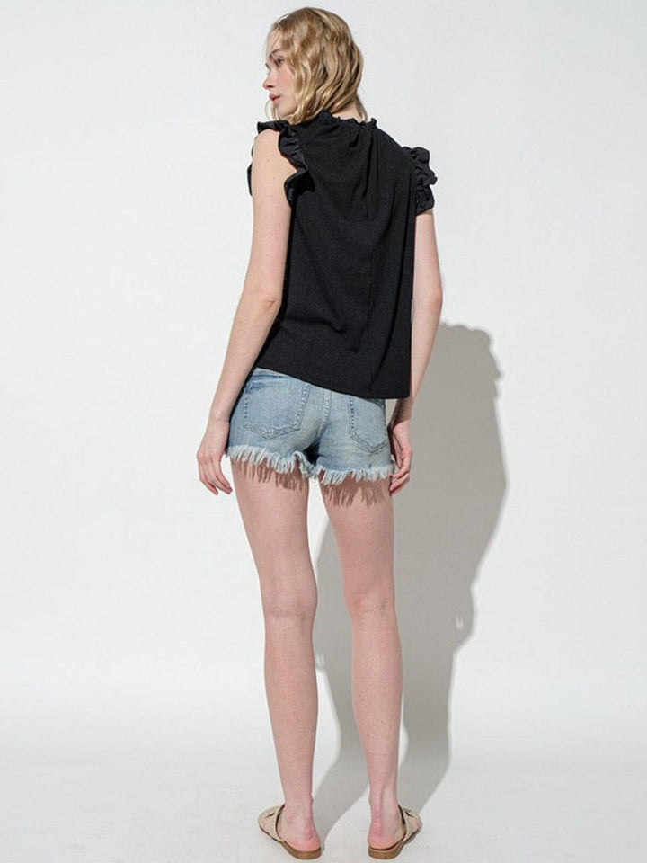 WOMEN'S SHORT RUFFLE SLEEVE RIBBED BLOUSE TOP