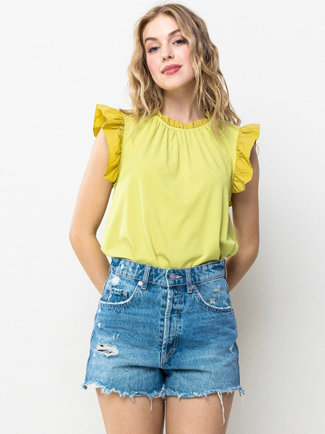 WOMEN'S SHORT RUFFLE SLEEVE RIBBED BLOUSE TOP