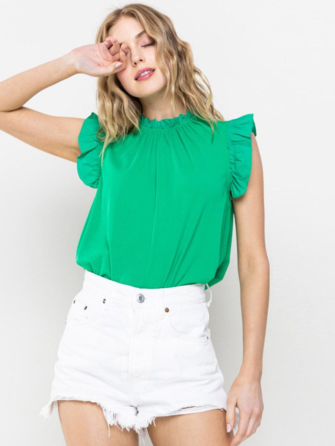 WOMEN'S SHORT RUFFLE SLEEVE RIBBED BLOUSE TOP