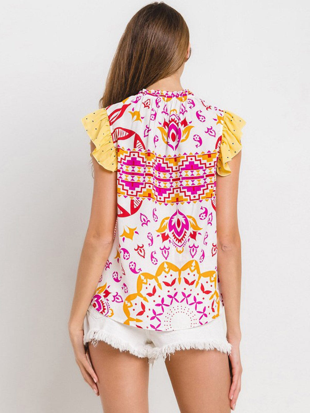WOMEN'S RUFFLE SLEEVE MOCH NECK MULTI PRINT TUNIC BLOUSE