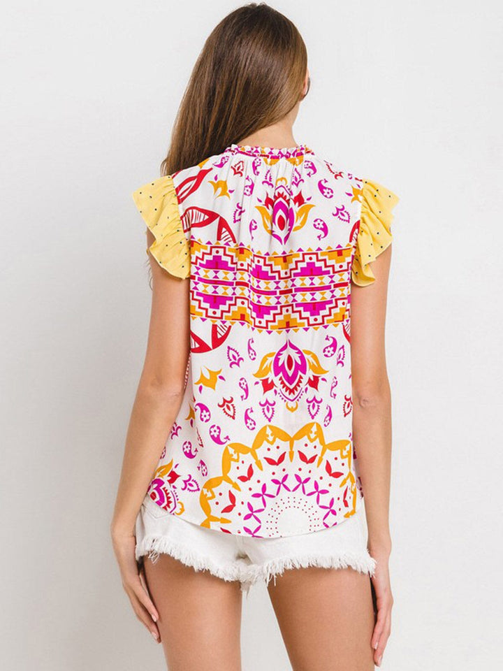 WOMEN'S RUFFLE SLEEVE MOCH NECK MULTI PRINT TUNIC BLOUSE