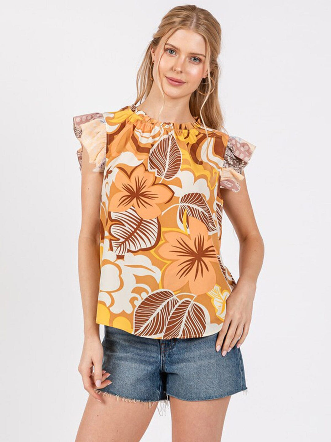 WOMEN'S RUFFLE SLEEVE FLORAL PRINT TUNIC BLOUSE