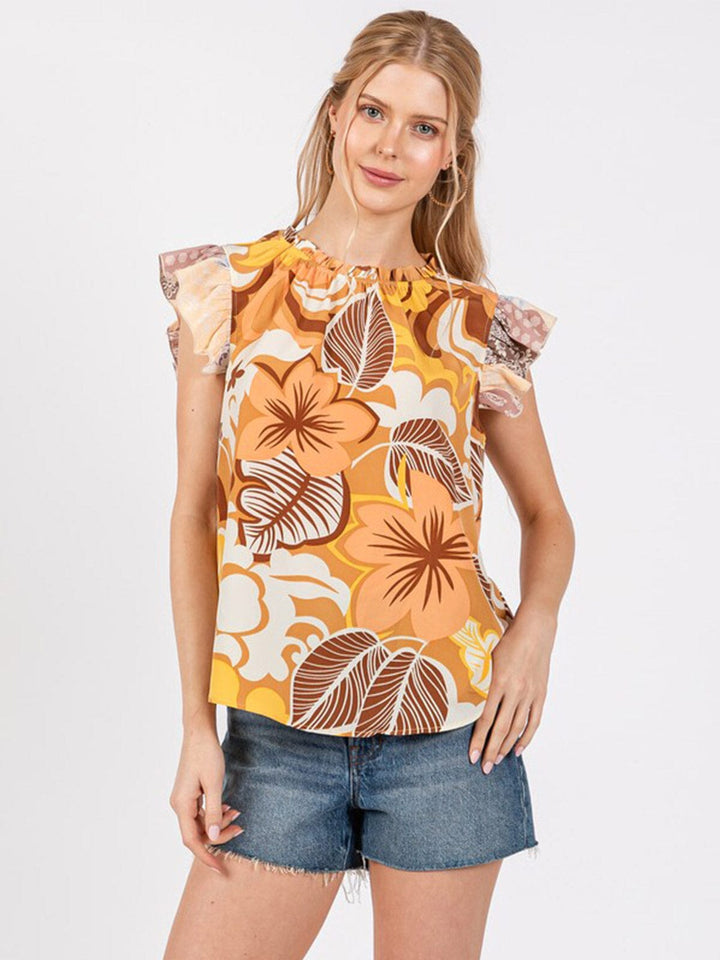 WOMEN'S RUFFLE SLEEVE FLORAL PRINT TUNIC BLOUSE