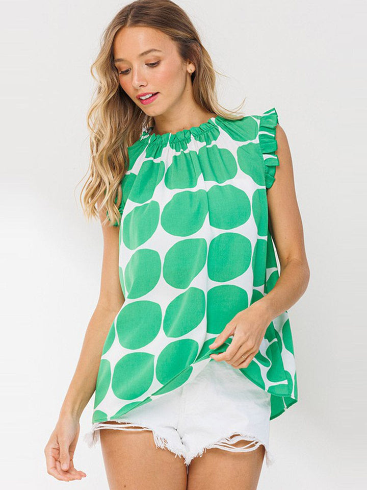 WOMEN'S RUFFLE SLEEVE SMOCK NECK PRINTED BLOUSE