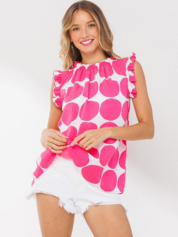 WOMEN'S RUFFLE SLEEVE SMOCK NECK PRINTED BLOUSE