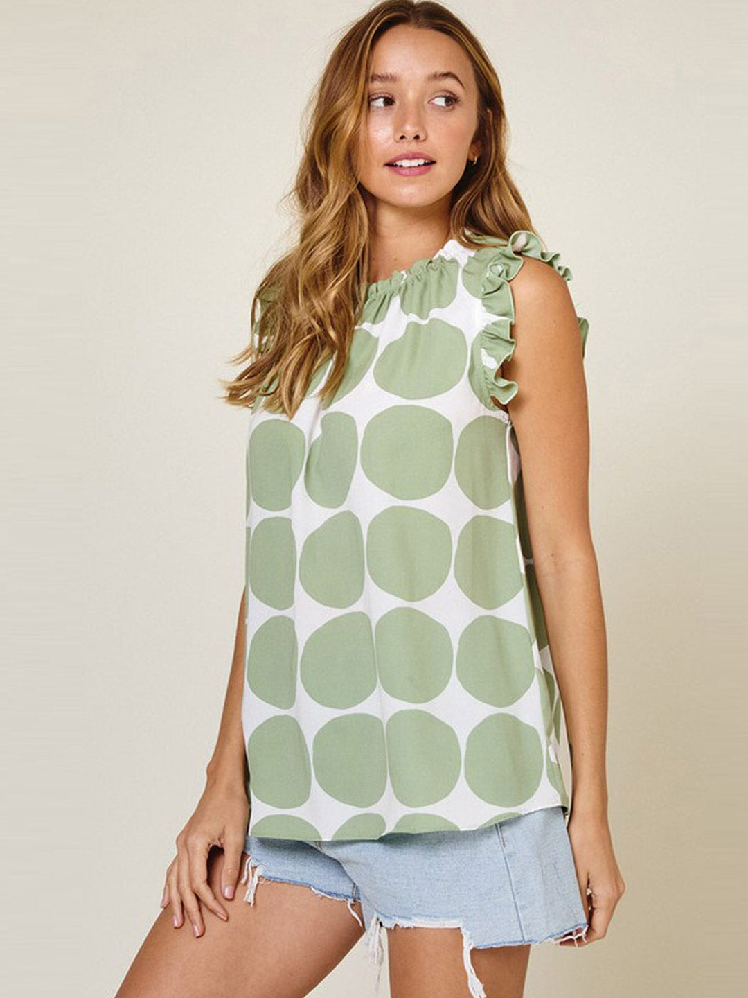 WOMEN'S RUFFLE SLEEVE SMOCK NECK PRINTED BLOUSE