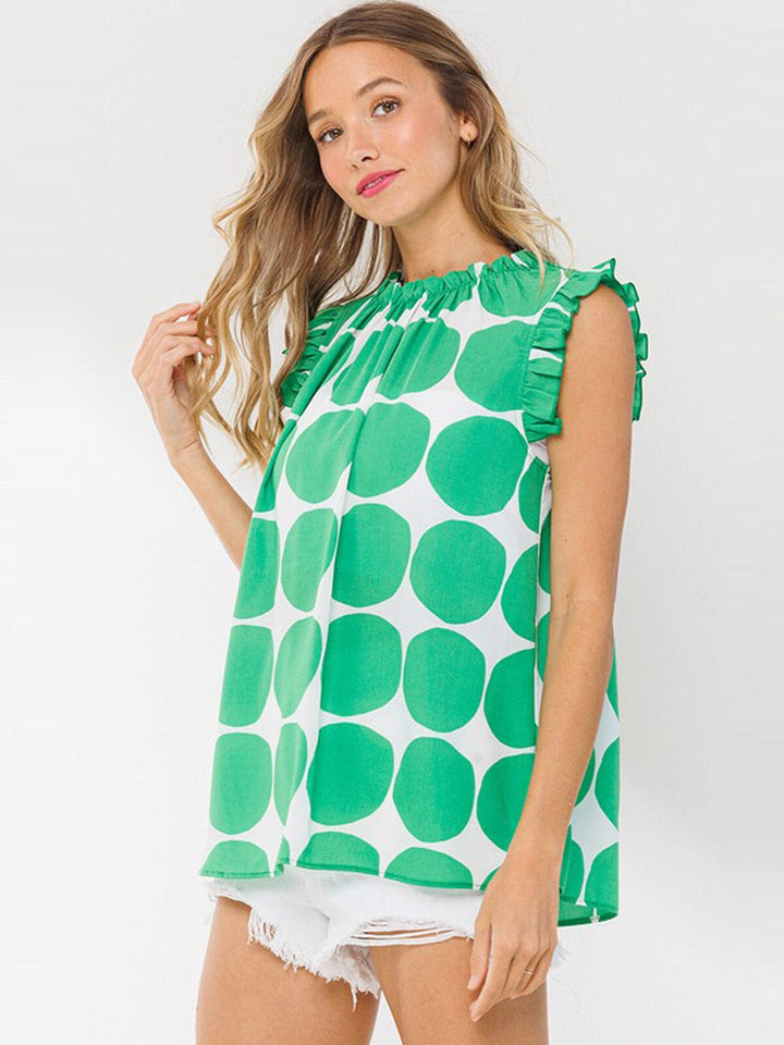 WOMEN'S RUFFLE SLEEVE SMOCK NECK PRINTED BLOUSE