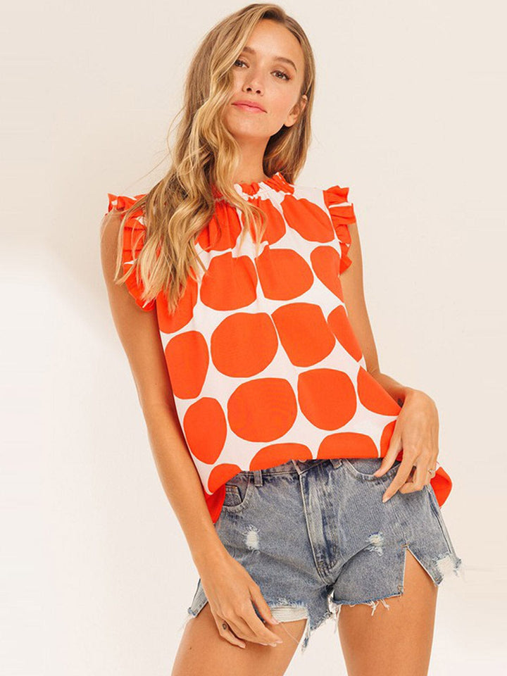 WOMEN'S RUFFLE SLEEVE SMOCK NECK PRINTED BLOUSE