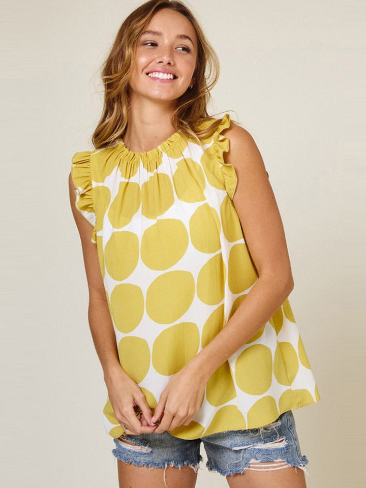 WOMEN'S RUFFLE SLEEVE SMOCK NECK PRINTED BLOUSE