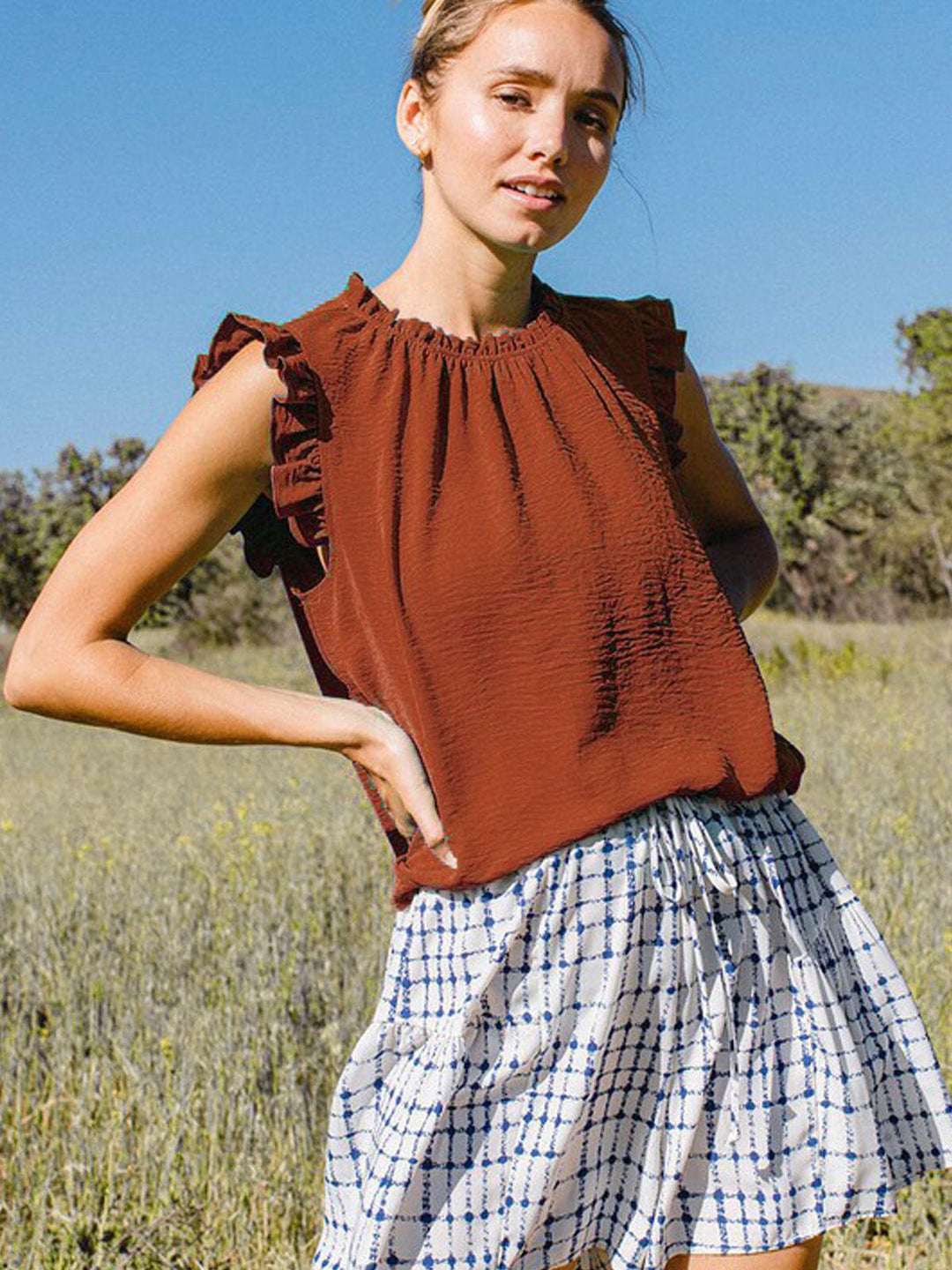 WOMEN'S RUFFLE SLEEVE SOLID TANK TOP