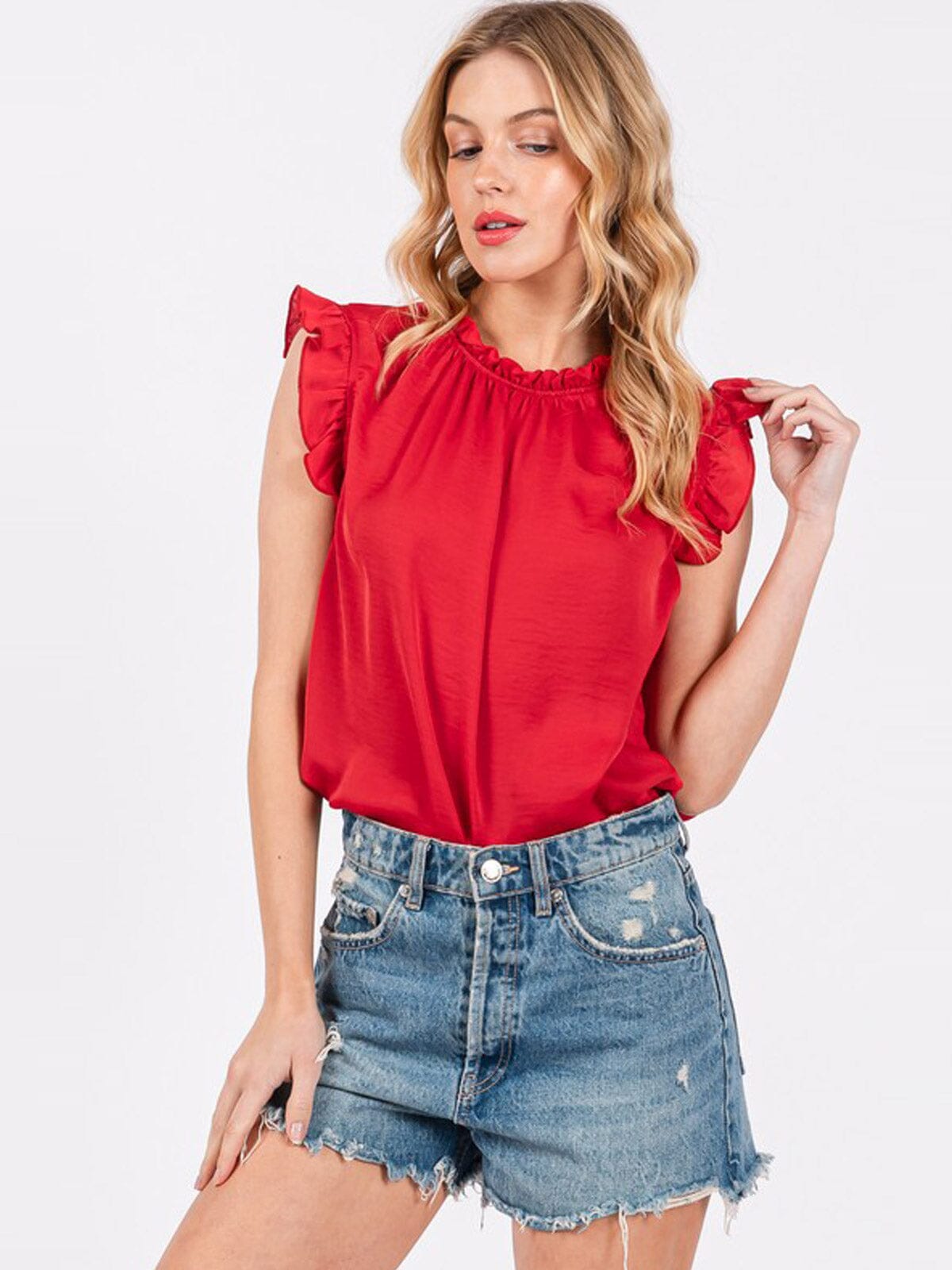 WOMEN'S RUFFLE SLEEVE SMOCK NECK BLOUSE