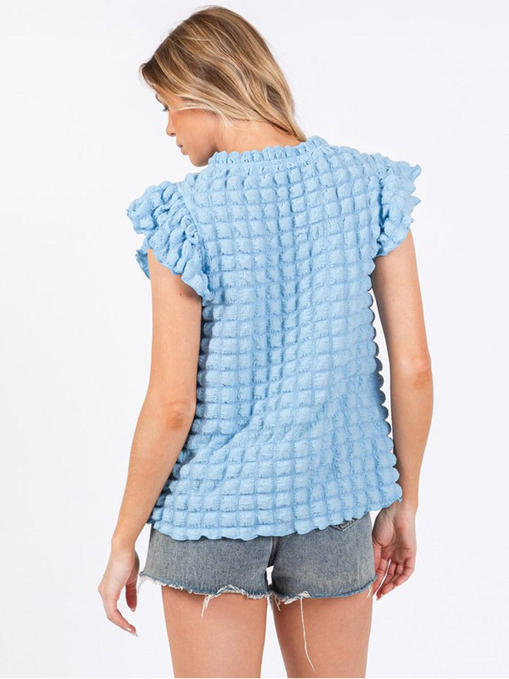 WOMEN'S SHORT RUFFLE SLEEVE TUNIC WAFFLE BLOUSE TOP