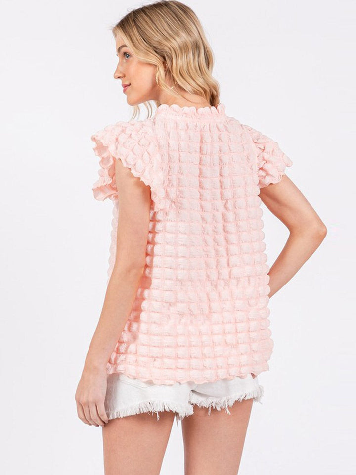 WOMEN'S SHORT RUFFLE SLEEVE TUNIC WAFFLE BLOUSE TOP
