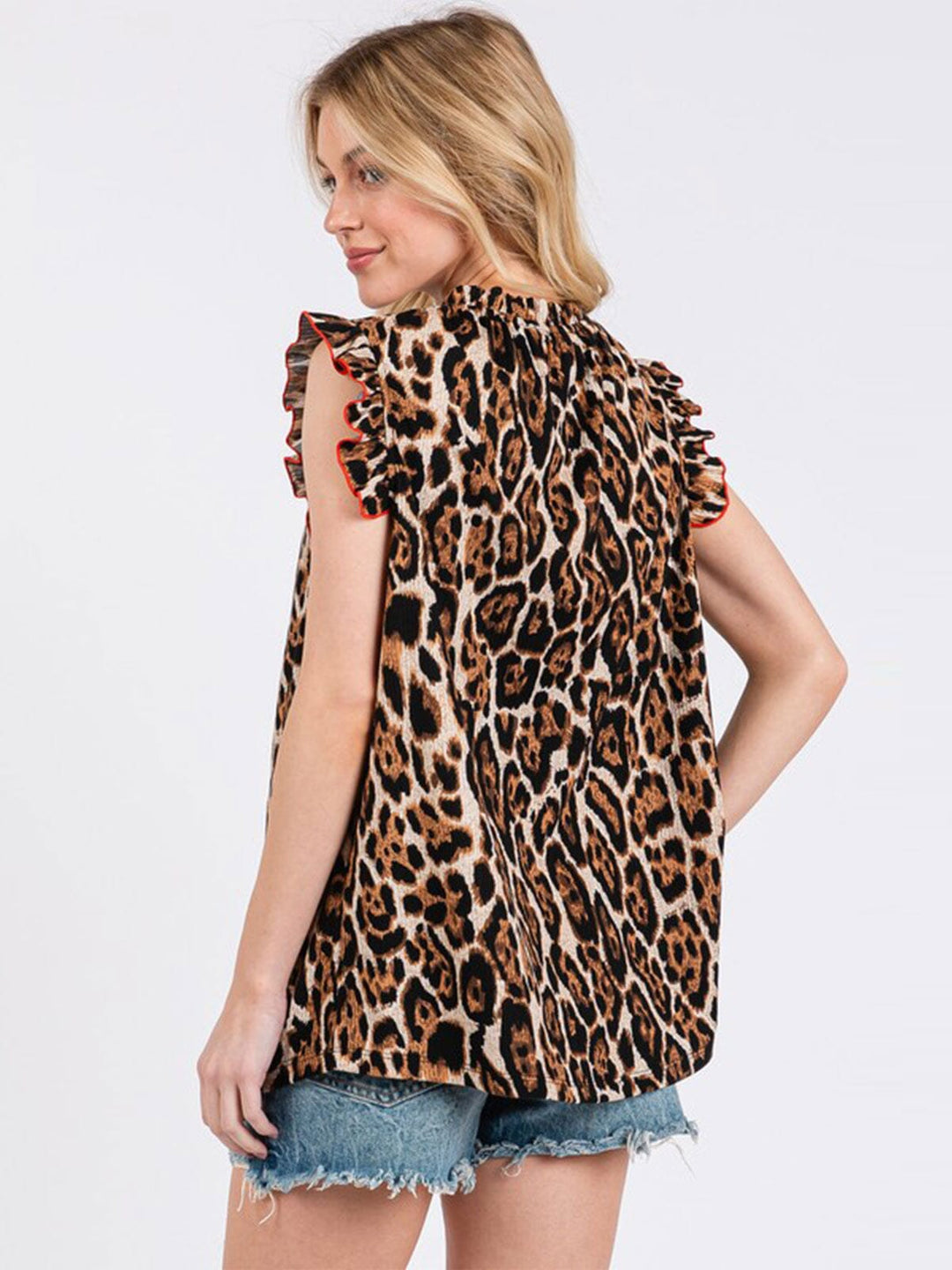 WOMEN'S RUFFLE SLEEVE ANIMAL PRINT TANK TOP