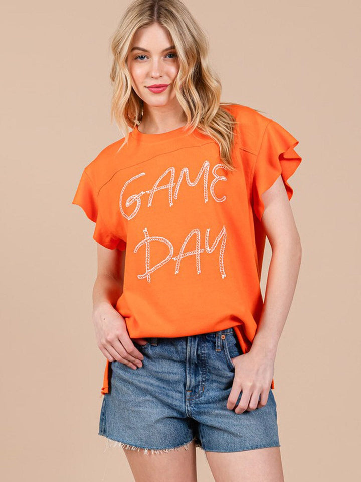 WOMEN'S SHORT RUFFLE SLEEVE GRAPHIC TOP