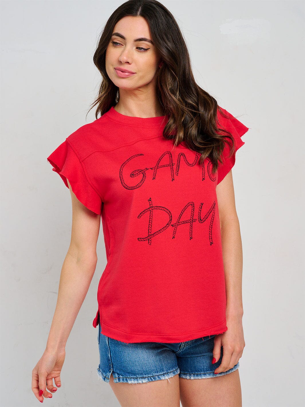 WOMEN'S SHORT RUFFLE SLEEVE GRAPHIC TOP