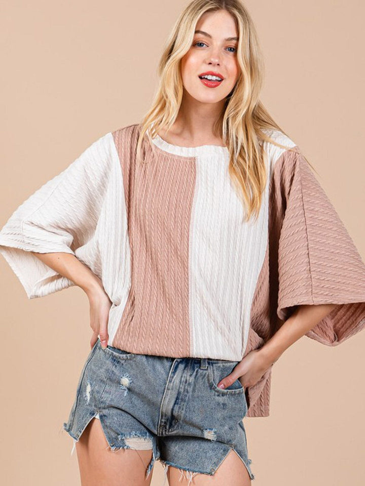 WOMEN'S SHORT SLEEVE COLORBLOCK RIBBED TUNIC TOP
