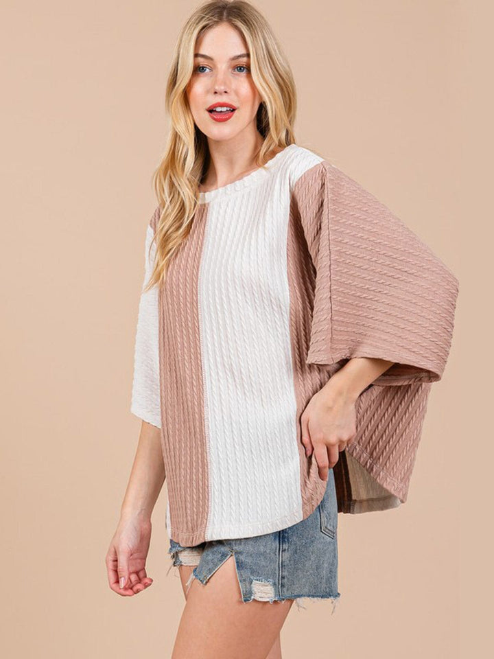 WOMEN'S SHORT SLEEVE COLORBLOCK RIBBED TUNIC TOP