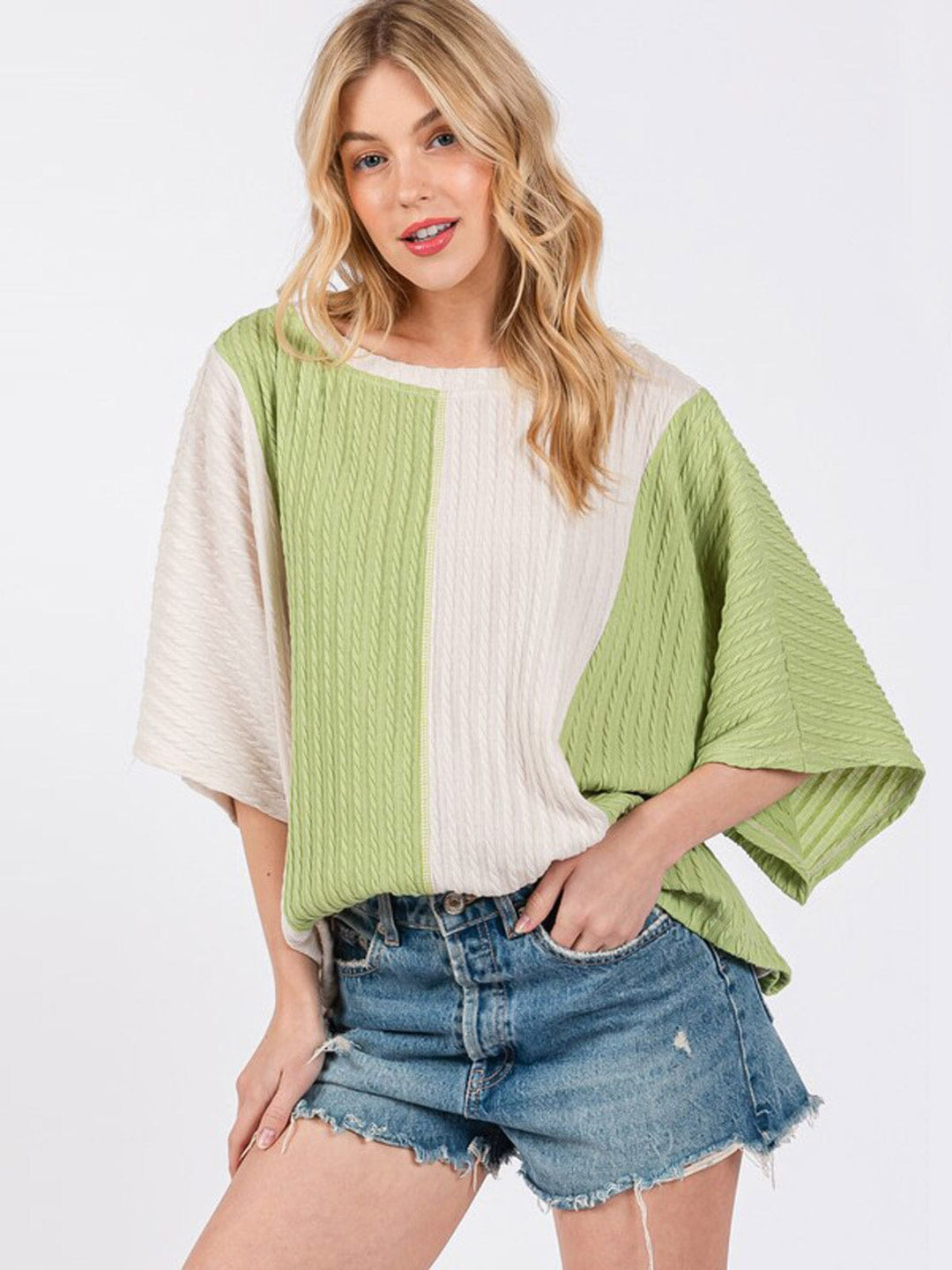WOMEN'S SHORT SLEEVE COLORBLOCK RIBBED TUNIC TOP