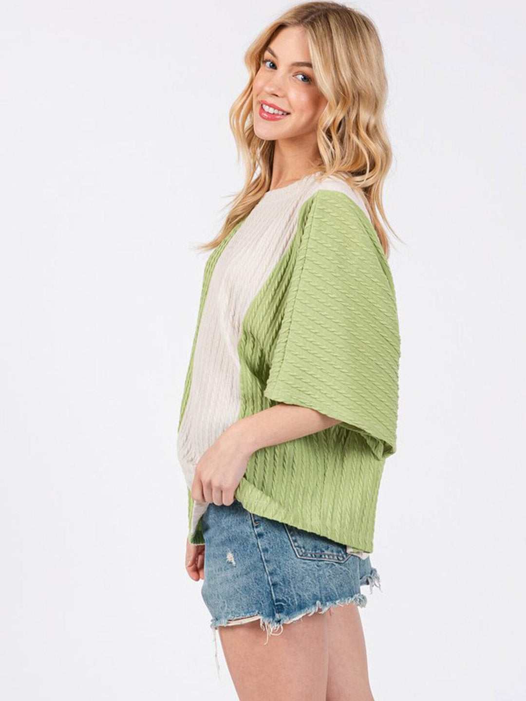 WOMEN'S SHORT SLEEVE COLORBLOCK RIBBED TUNIC TOP