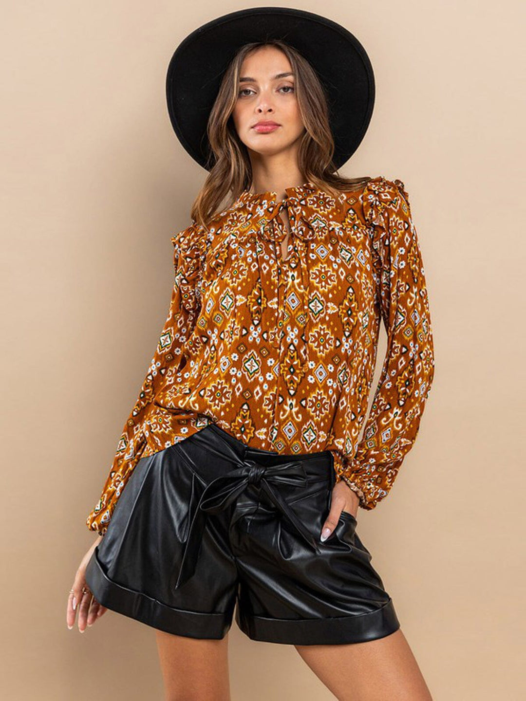 WOMEN'S LONG SLEEVE NECK TIE RUFFLE MULTI PRINT BLOUSE TOP