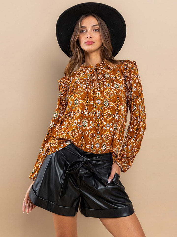 WOMEN'S LONG SLEEVE NECK TIE RUFFLE MULTI PRINT BLOUSE TOP