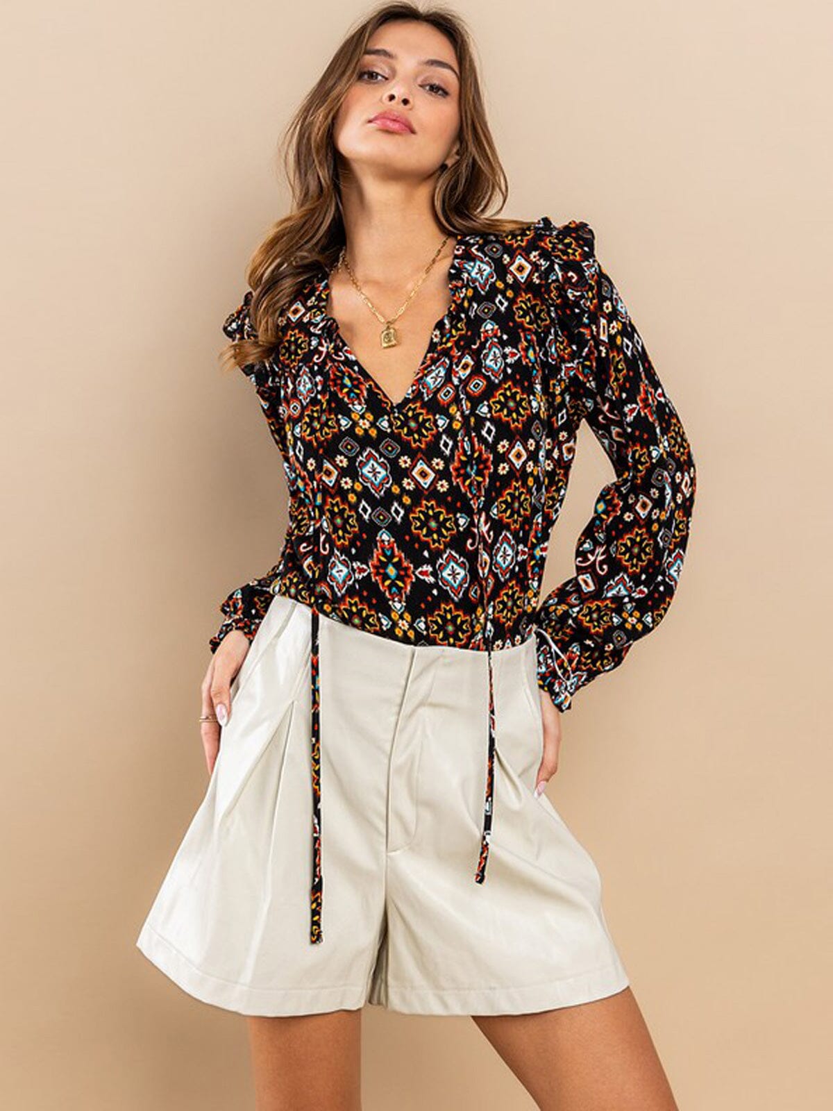 Printed Long Sleeve Tie Neck Blouse