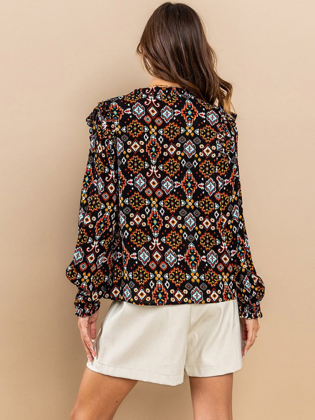 WOMEN'S LONG SLEEVE NECK TIE RUFFLE MULTI PRINT BLOUSE TOP