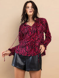 WOMEN'S LONG SLEEVE RUFFLE MULTI PRINT BLOUSE TOP