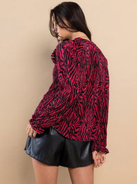 WOMEN'S LONG SLEEVE RUFFLE MULTI PRINT BLOUSE TOP