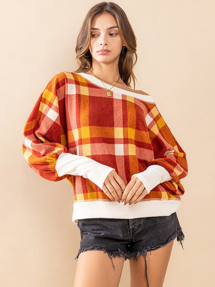 WOMEN'S LONG SLEEVE OFF SHOULDER COLORBLOCK PLAID TOP