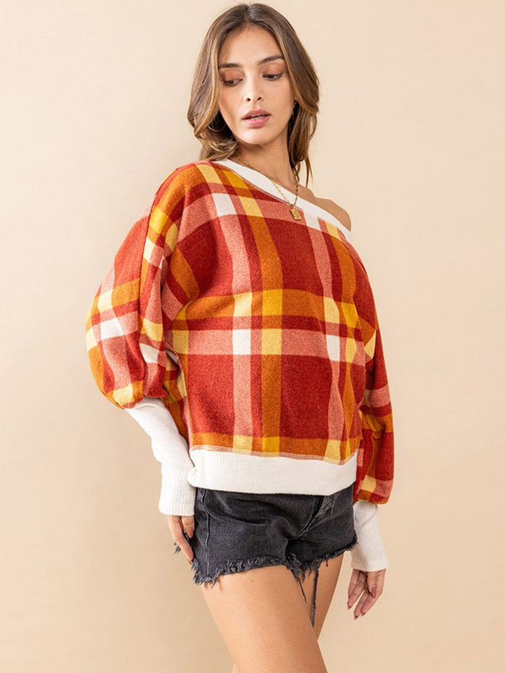 WOMEN'S LONG SLEEVE OFF SHOULDER COLORBLOCK PLAID TOP