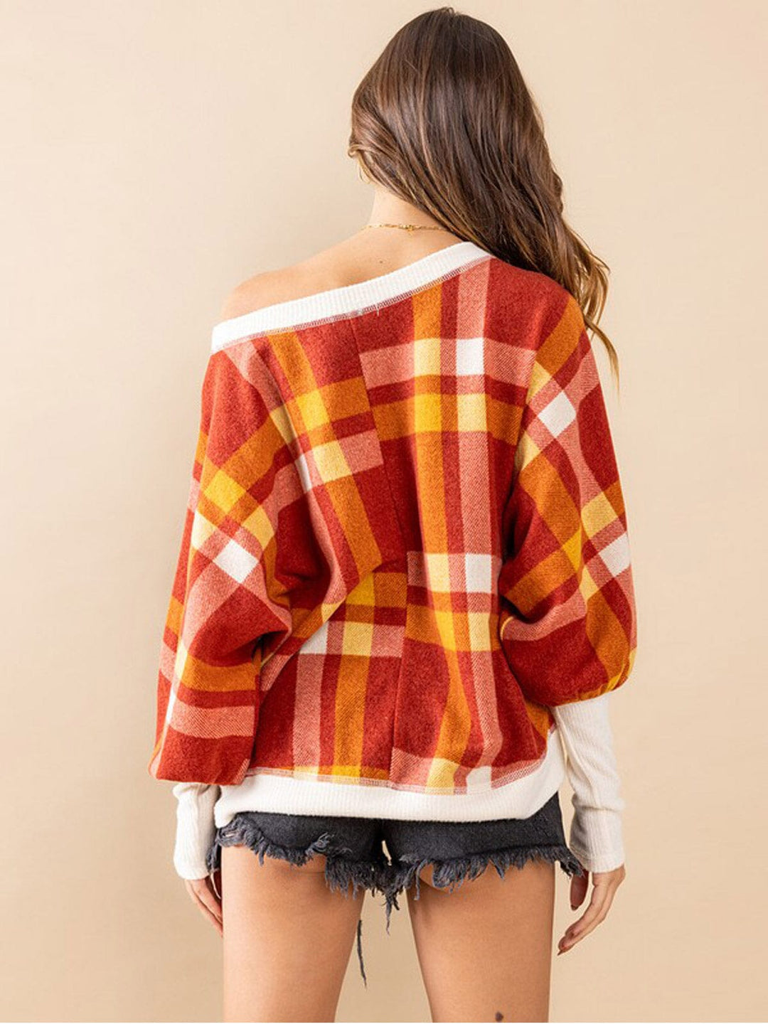 WOMEN'S LONG SLEEVE OFF SHOULDER COLORBLOCK PLAID TOP