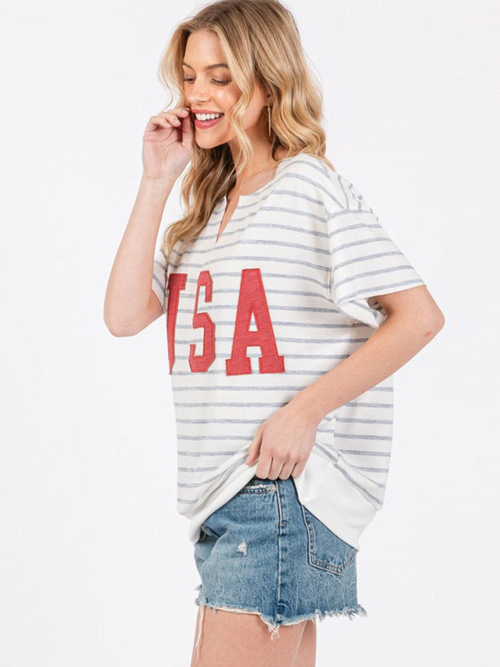 WOMEN'S SHORT SLEEVE V-NECK USA GRAPHIC BASIC STRIPES TOP