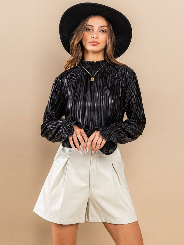 WOMEN'S LONG SLEEVE RUFFLE SHIMMER MOCH NECK PLEATED BLOUSE TOP