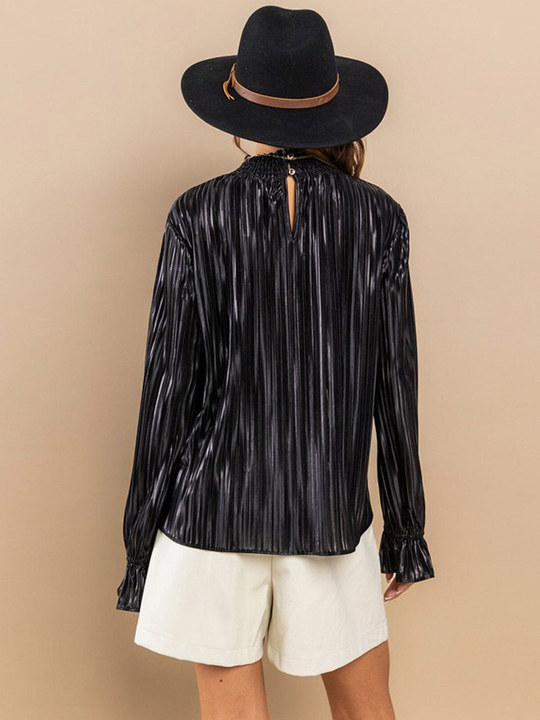 WOMEN'S LONG SLEEVE RUFFLE SHIMMER MOCH NECK PLEATED BLOUSE TOP