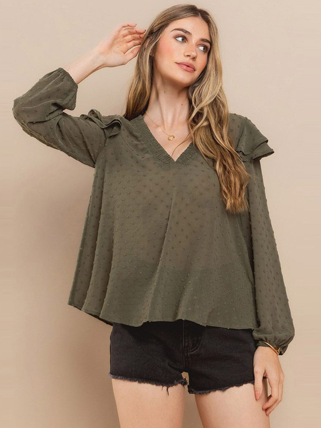 WOMEN'S LONG SLEEVE V-NECK RUFFLE SWISS DOTS BLOUSE