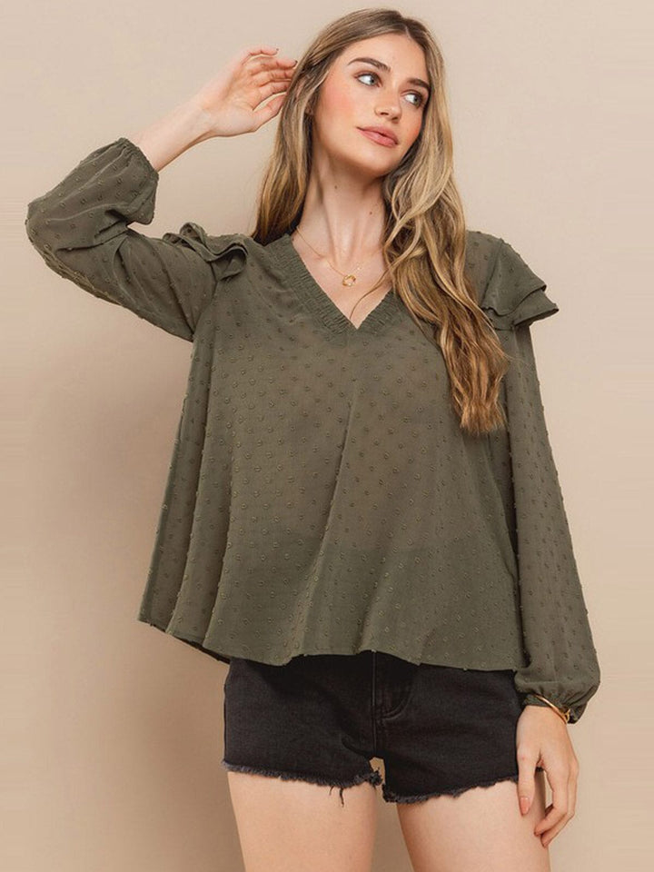 WOMEN'S LONG SLEEVE V-NECK RUFFLE SWISS DOTS BLOUSE