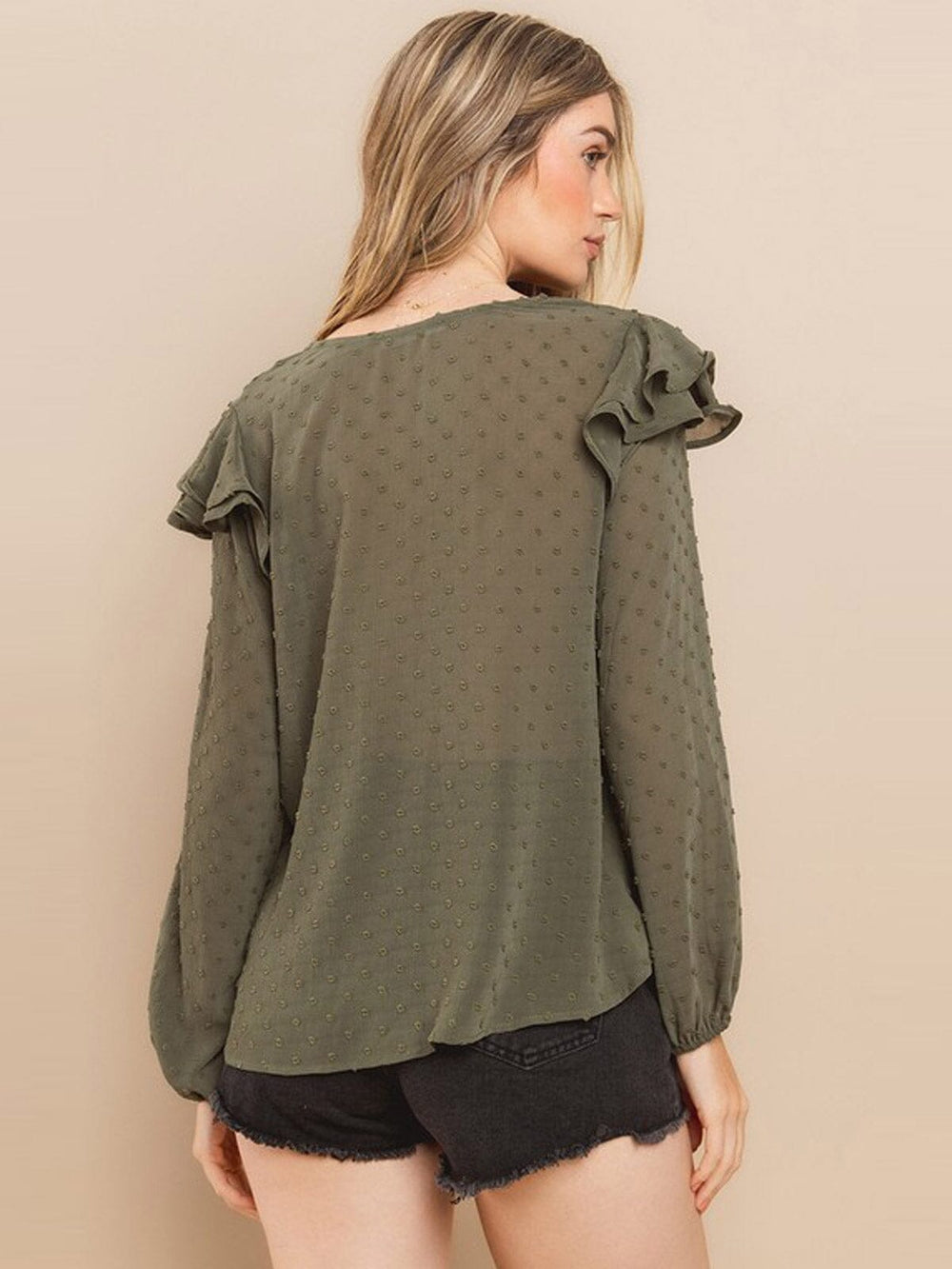 WOMEN'S LONG SLEEVE V-NECK RUFFLE SWISS DOTS BLOUSE