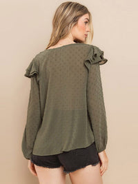 WOMEN'S LONG SLEEVE V-NECK RUFFLE SWISS DOTS BLOUSE