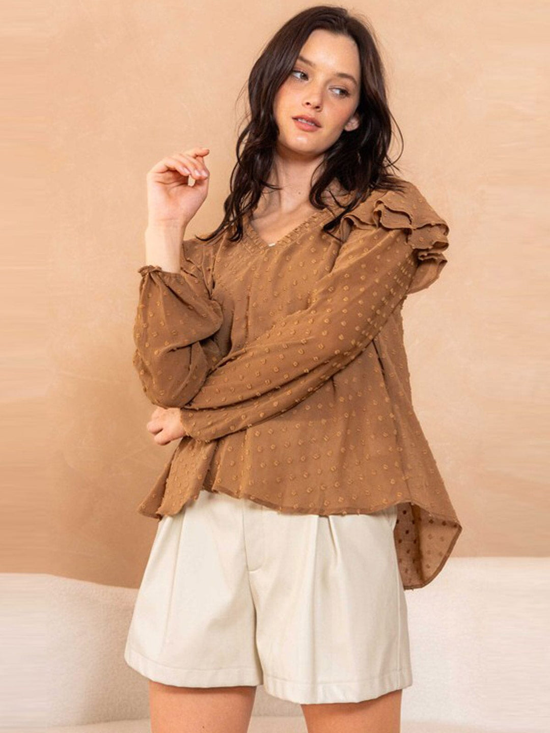 WOMEN'S LONG SLEEVE V-NECK RUFFLE SWISS DOTS BLOUSE